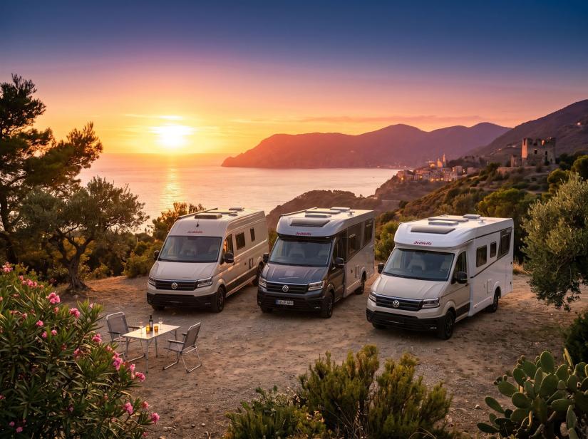 Drei Wohnmobile stehen auf einem Hügel vor einem Sonnenuntergang am Meer.